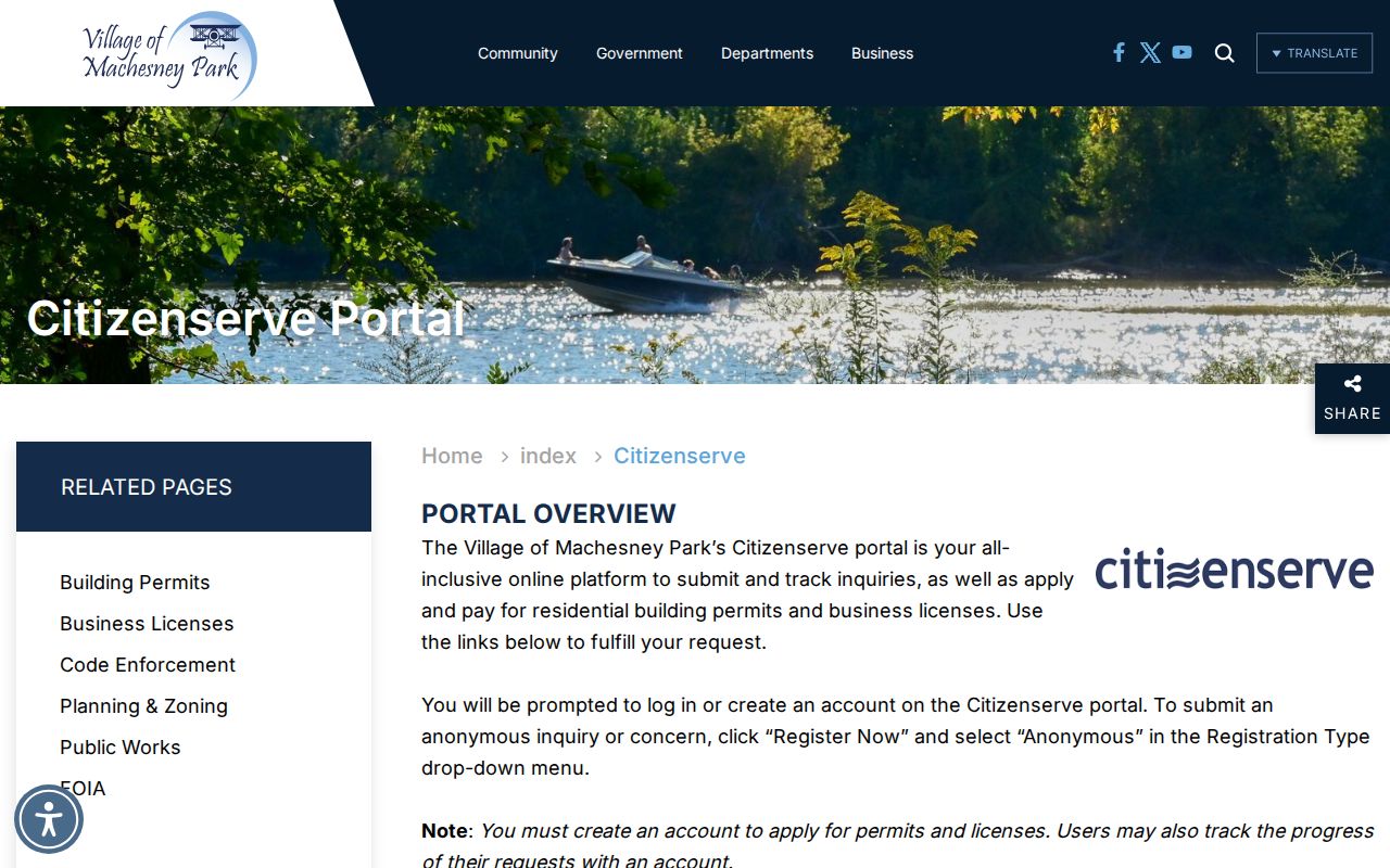 Machesney Park Citizenserve portal overview for permits and local records