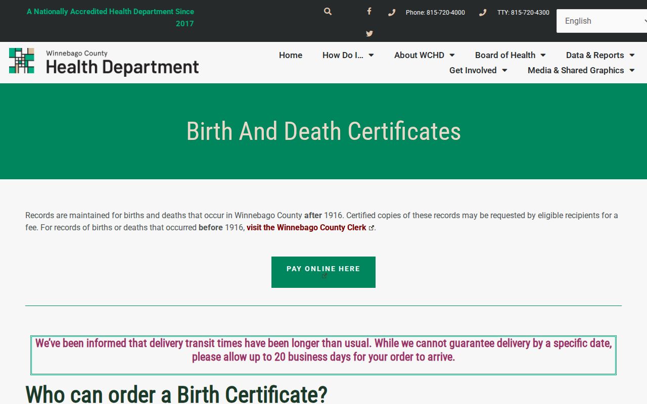 Winnebago County birth and death certificate routes for Machesney Park families