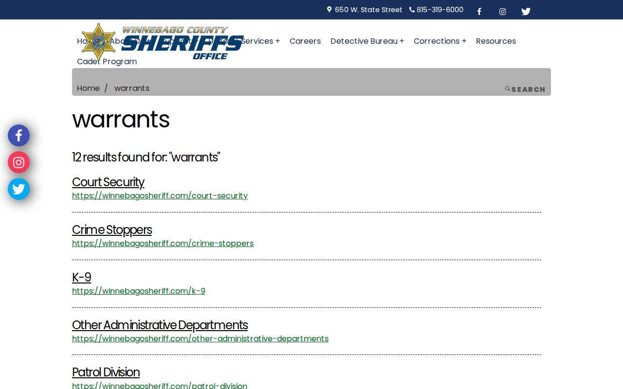 Winnebago County Sheriff warrants information page