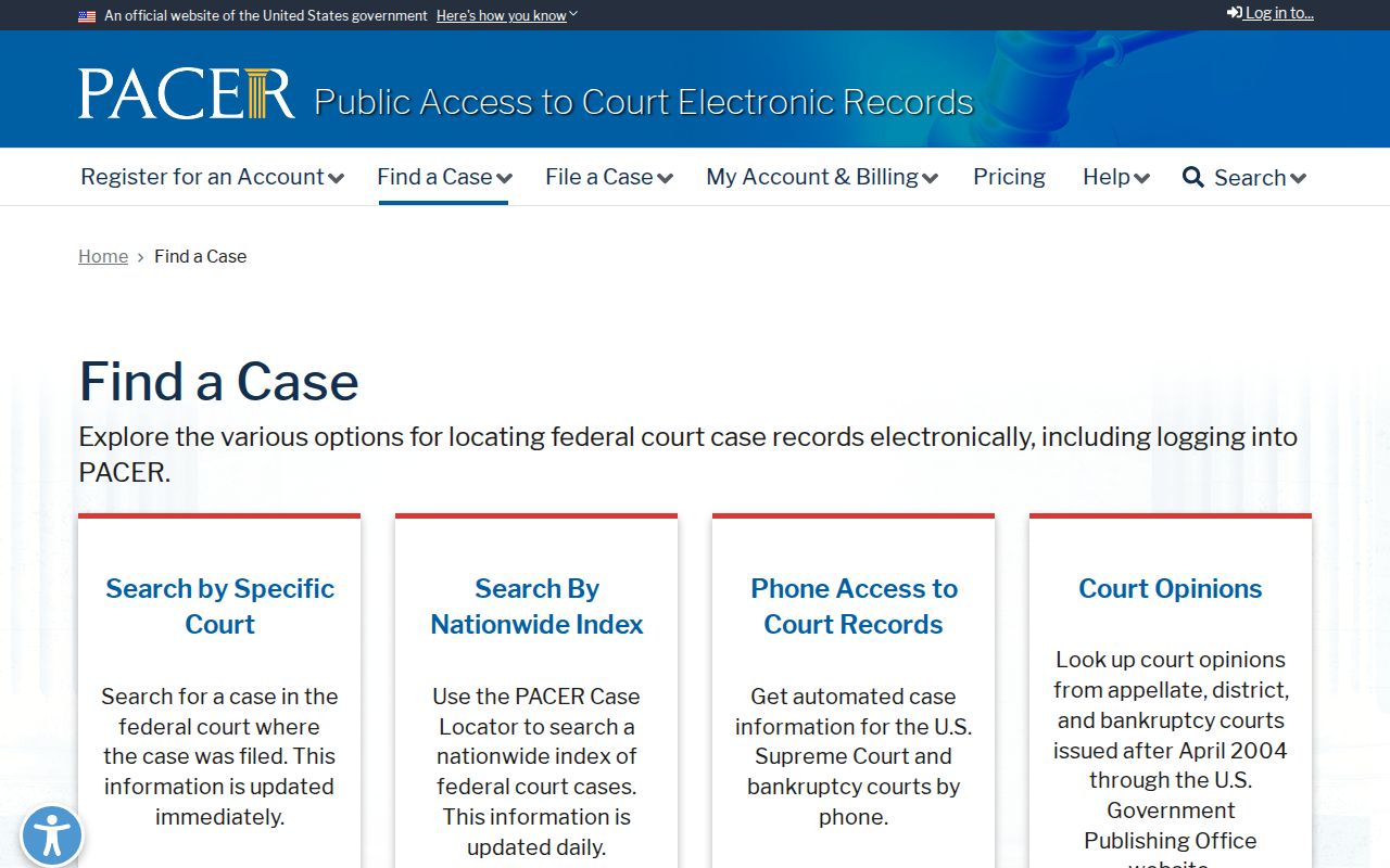 PACER federal case locator information