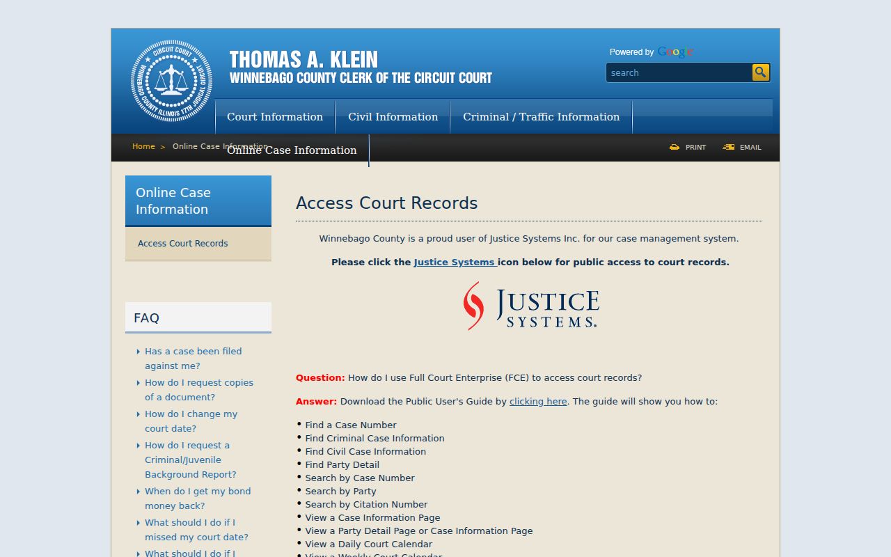 Winnebago County Circuit Clerk court records access page