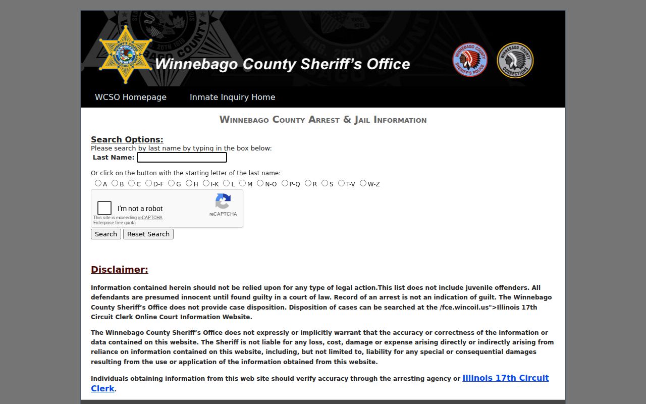 Winnebago County Sheriff inmate inquiry search